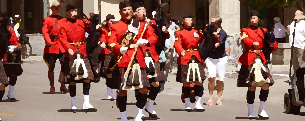 A Canada Day parade with mounties and red-costumed musicians