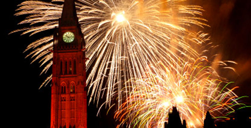 Ottawa Parliament tower with fireworks