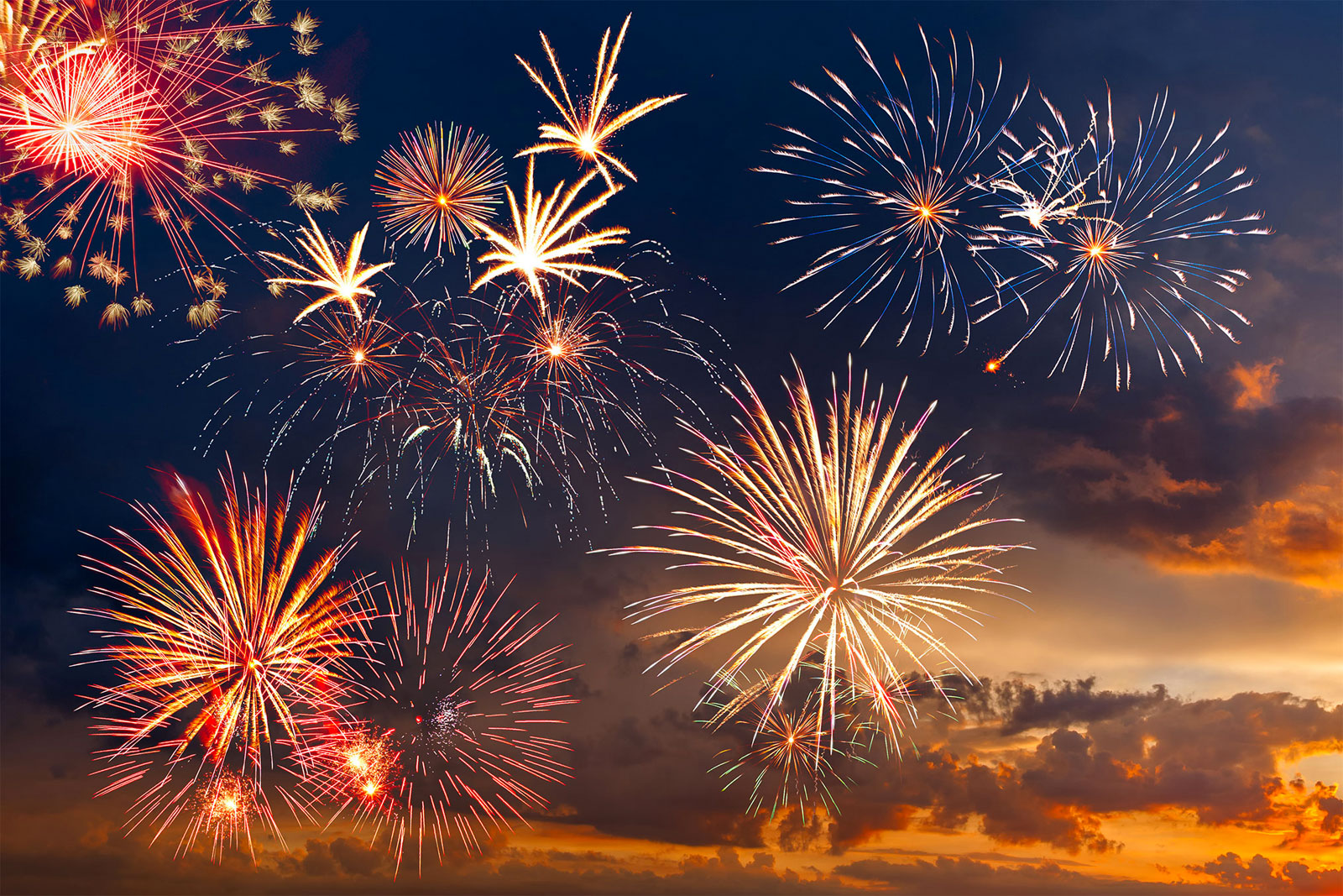 Multiple fireworks at sunset